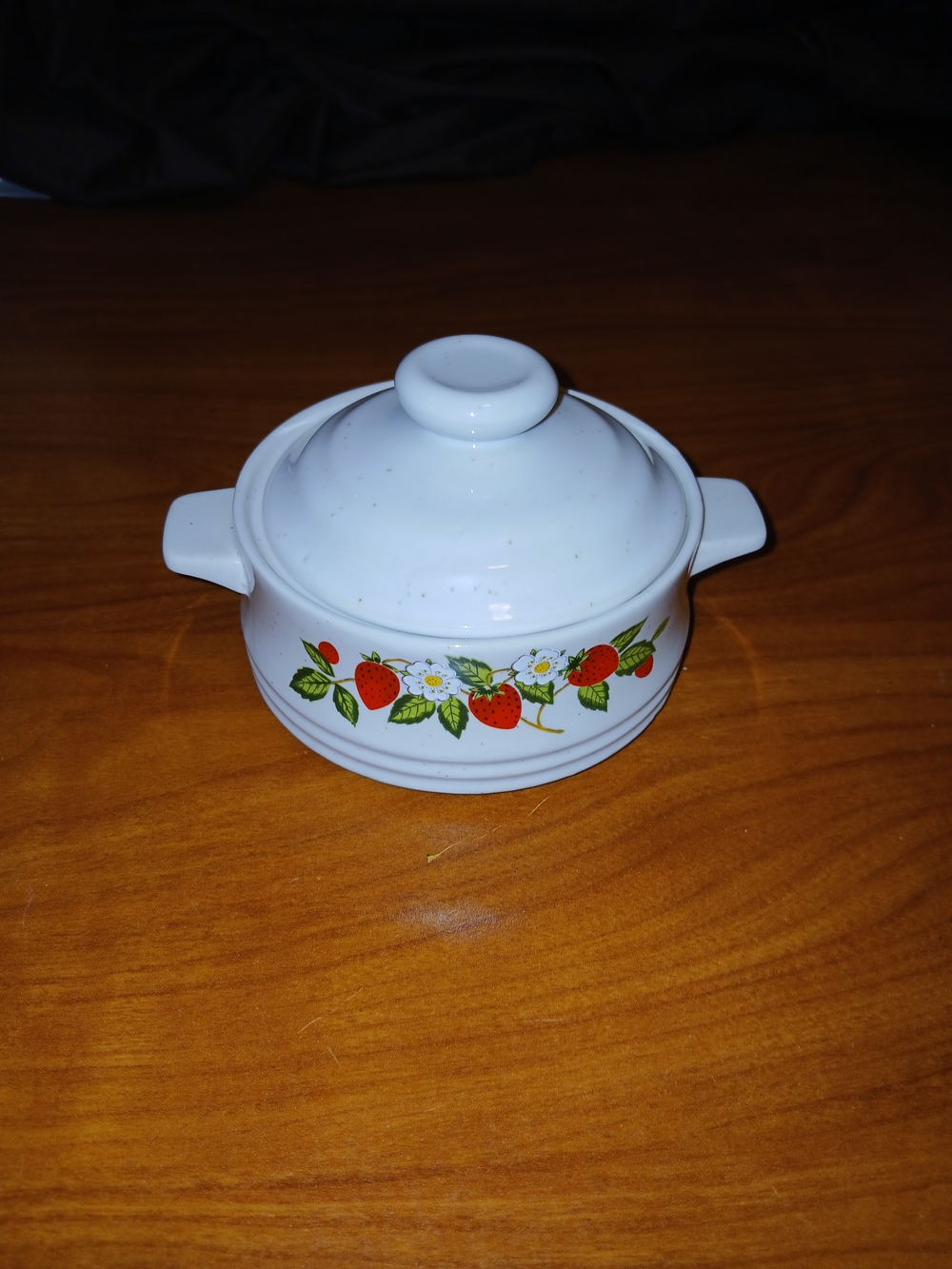 White Ceramic Covered Casserole with Strawberry n' Cream Motif